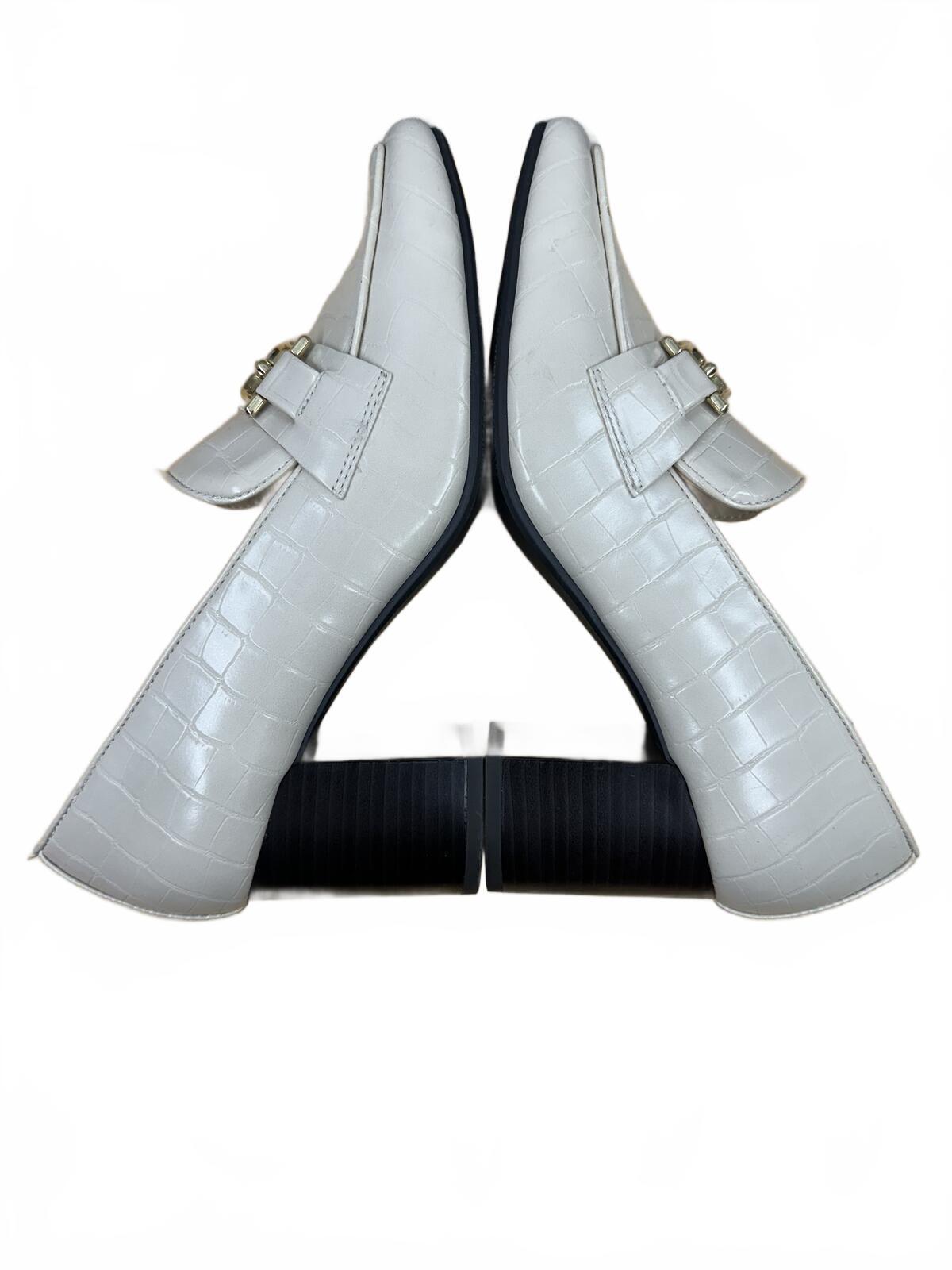 Liz Claiborne White Croc Embossed Loafer Pumps with Gold Horsebit and Block Heel