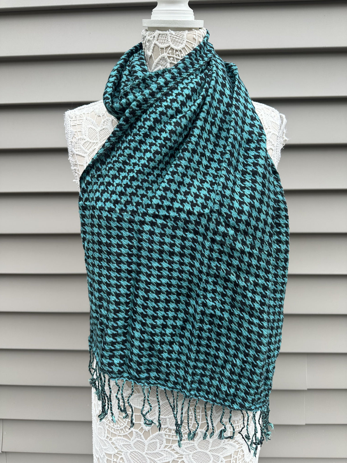Blue and Black Houndstooth Scarf Wrap Classic Lightweight Boho Fringe