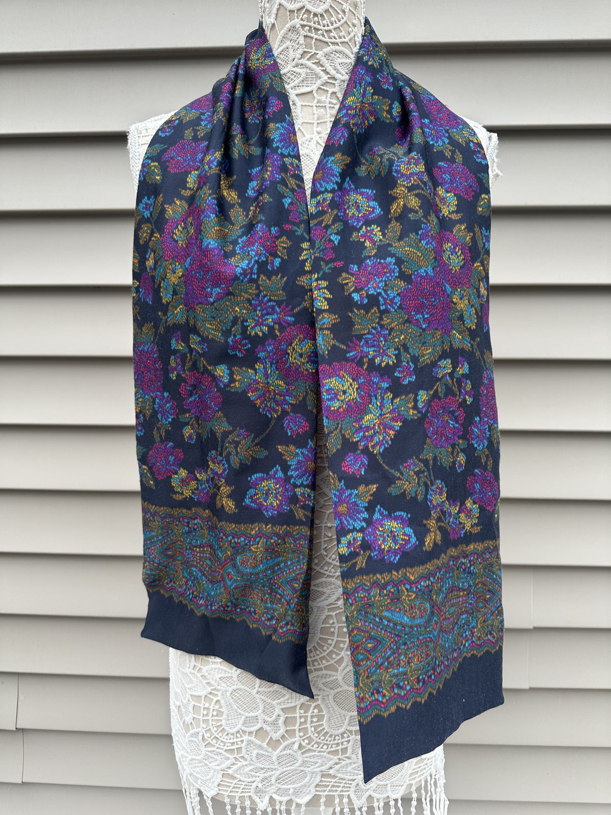 Floral Paisley Scarf Wrap Navy Purple Blue Green Vintage Bohemian