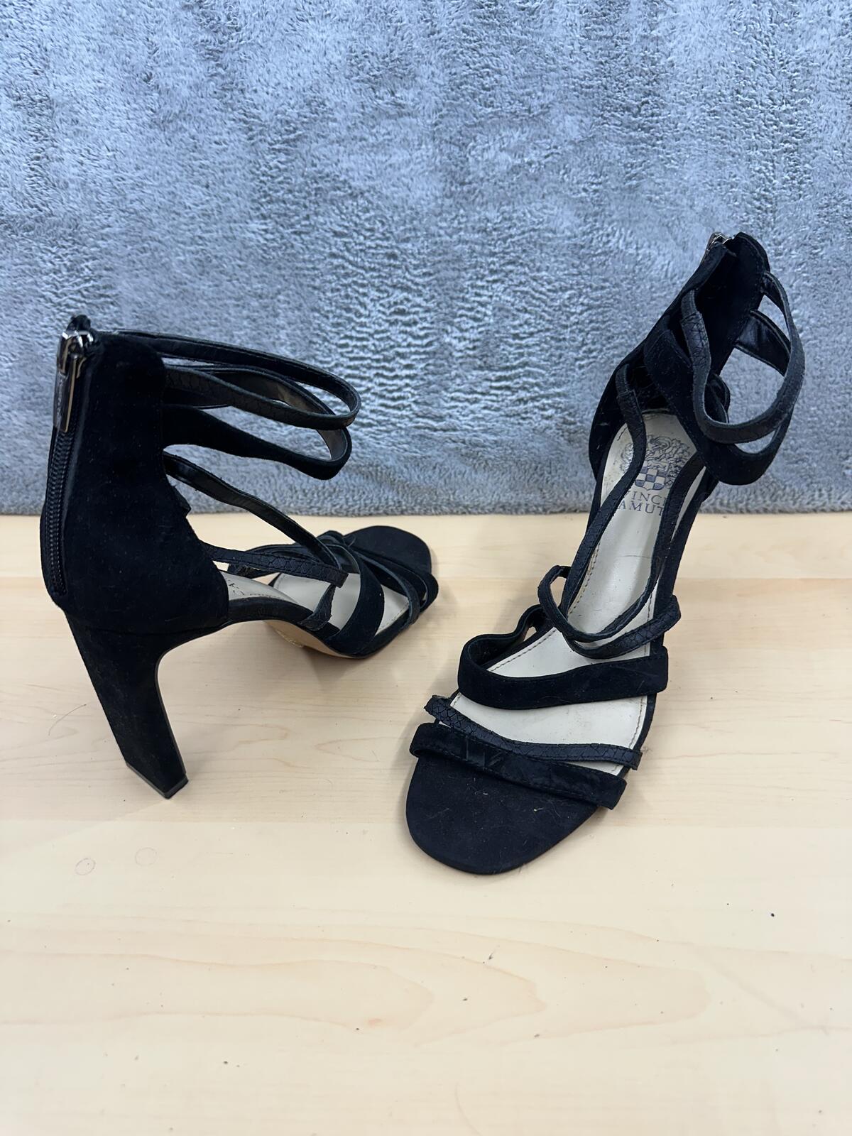 Vince Camuto Black Suede Strappy Heeled Sandals Y2K Party Glam Block Heel