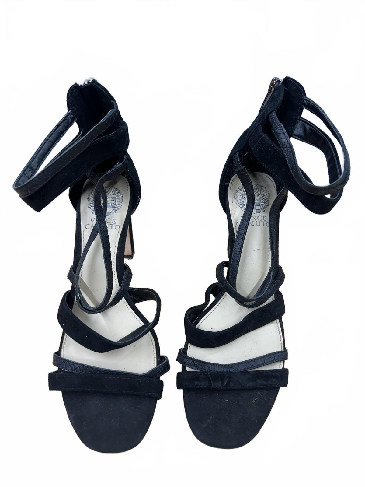 Vince Camuto Black Suede Strappy Heeled Sandals Y2K Party Glam Block Heel