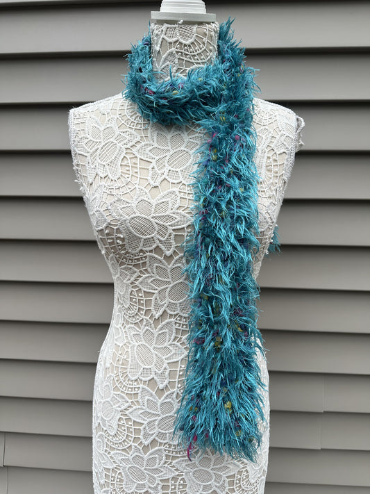 Vintage Teal Fuzzy Scarf with Multicolor Accents Cozy Winter Accessory