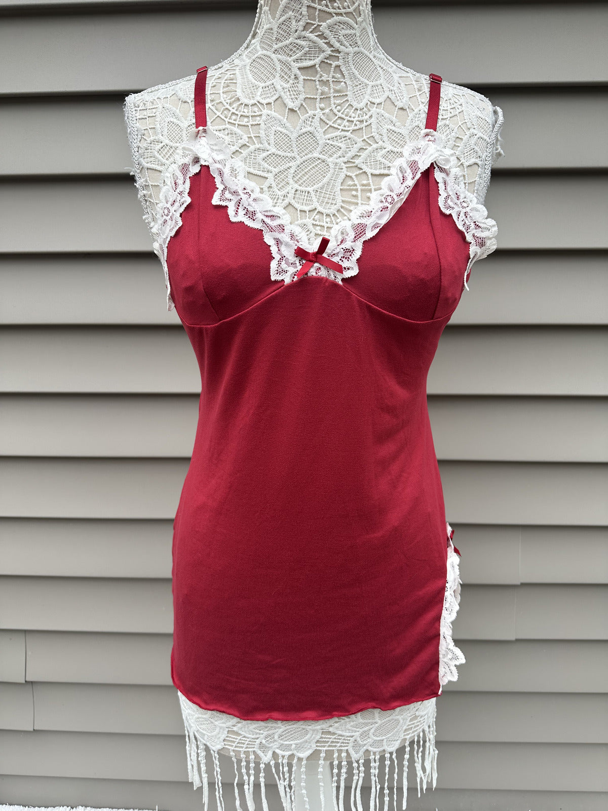 Vintage Inspired Burgundy Lace Trim Slip Dress Chemise
