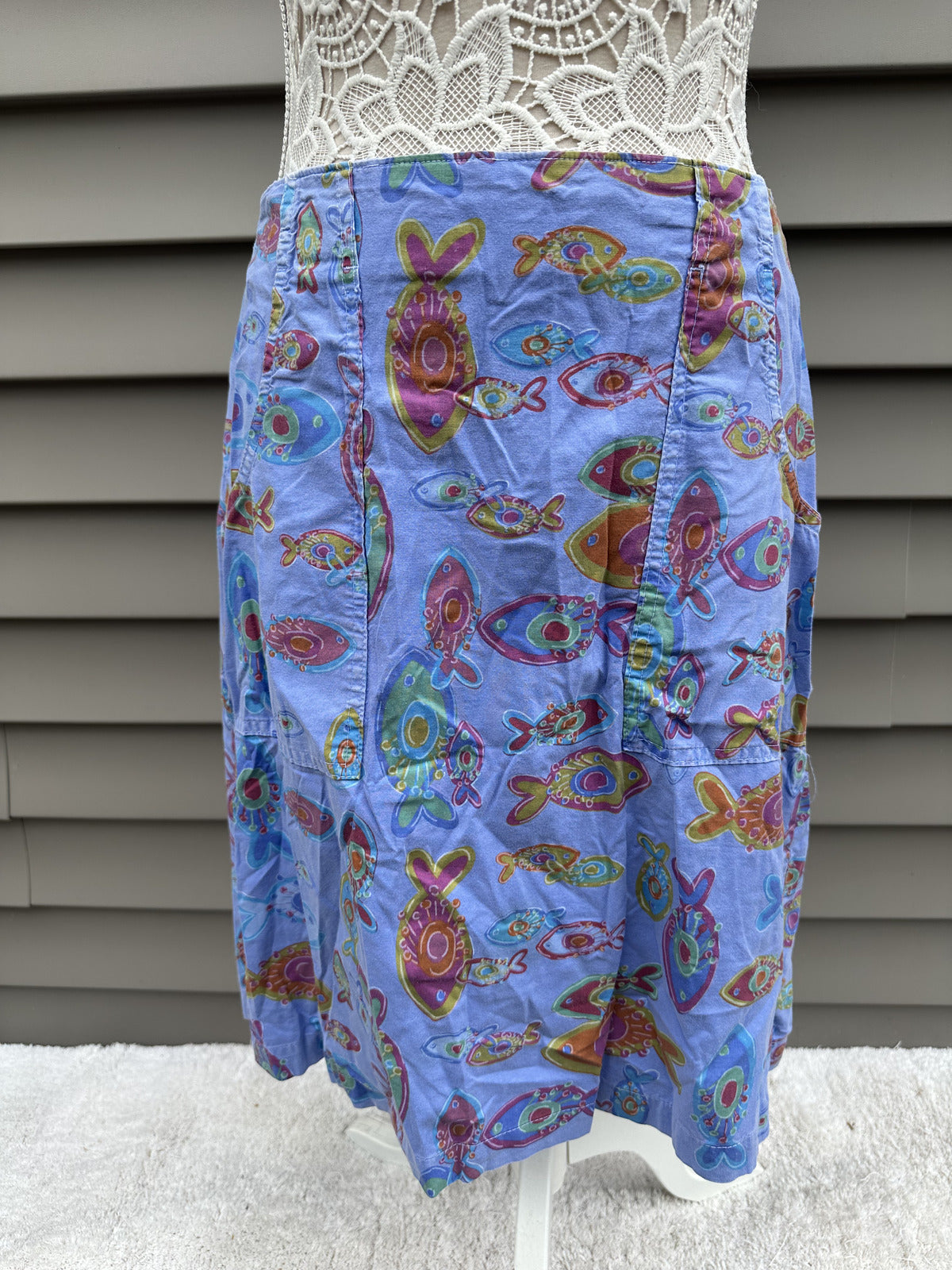 Blue Fish Print Skirt Elastic Waistband Casual Whimsical
