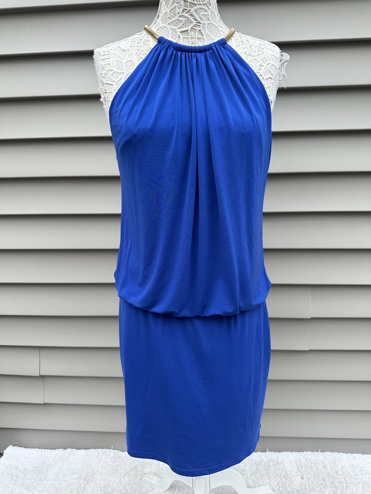 Jessica Simpson Royal Blue Halter Dress with Gold Neck Detail