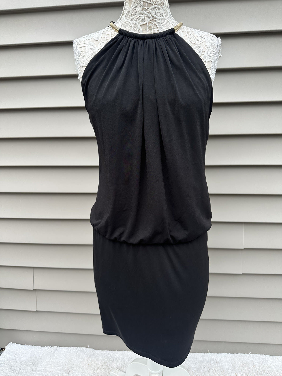 Jessica Simpson Elegant Black Halter Neck Dress with Gold Detail