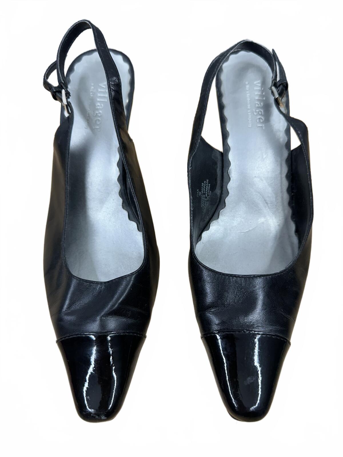 Villager Black Leather Slingback Kitten Heel Pumps Y2K Pointed Toe Formal Shoes