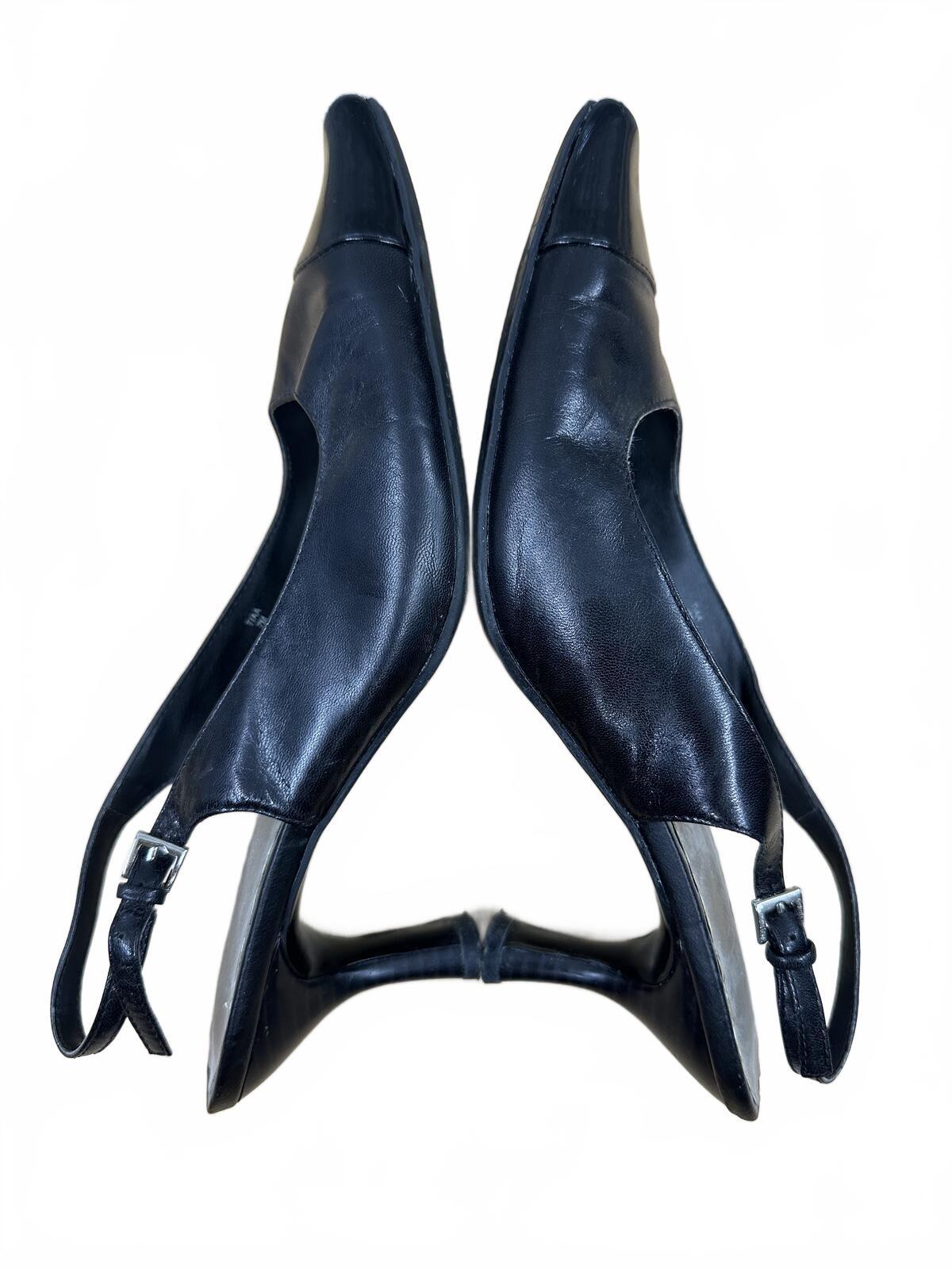 Villager Black Leather Slingback Kitten Heel Pumps Y2K Pointed Toe Formal Shoes