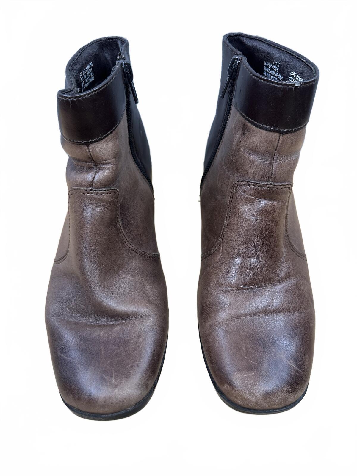 Tom McCann Brown Black Leather Ankle Boots Block Heel Vintage Western Boho