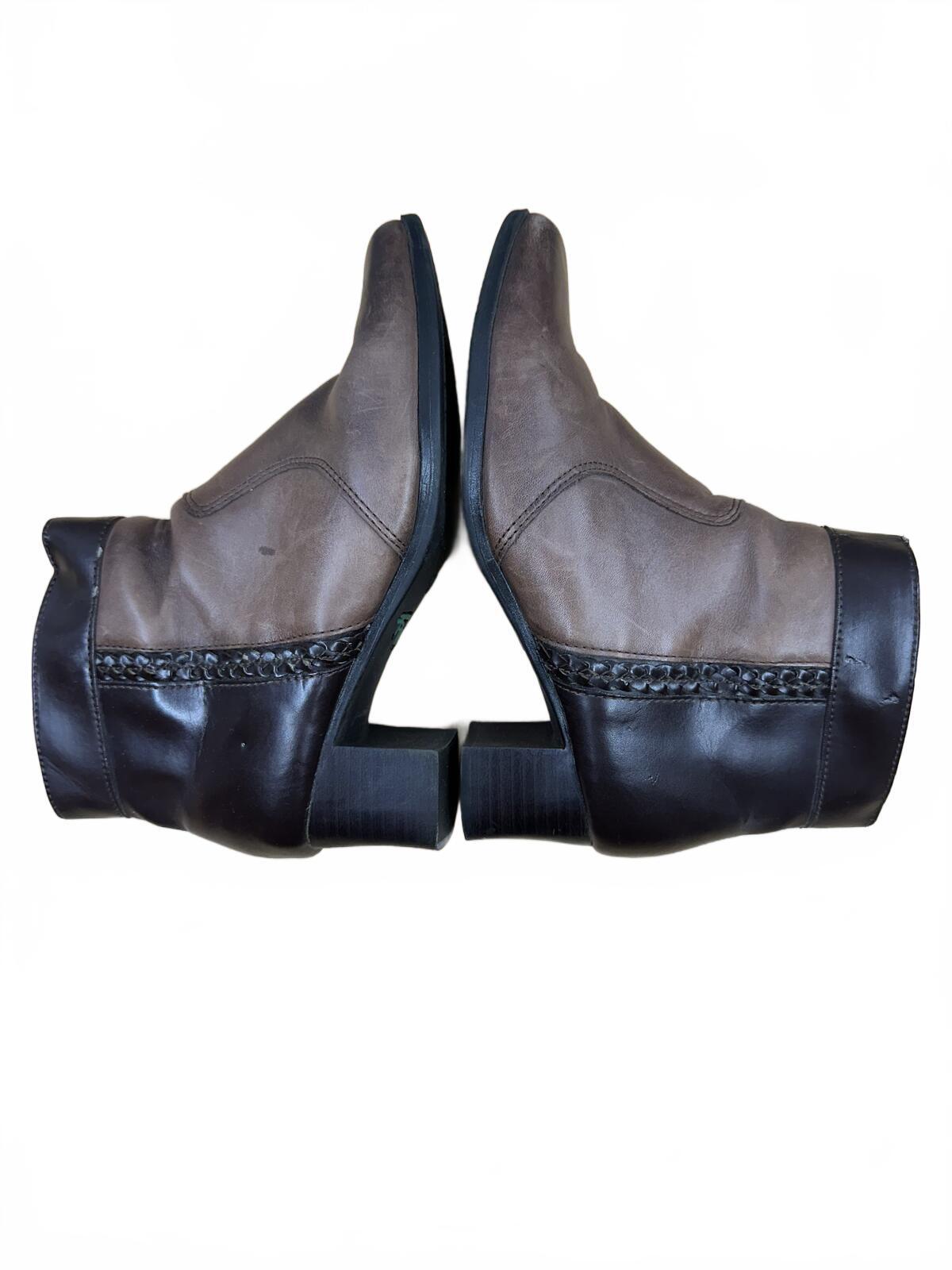 Tom McCann Brown Black Leather Ankle Boots Block Heel Vintage Western Boho
