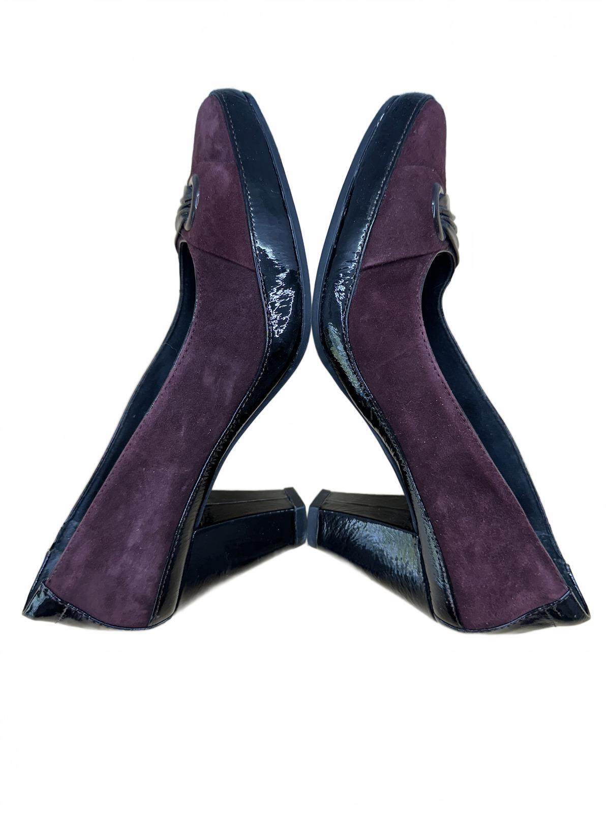 Clarks Burgundy Suede Pumps with Black Patent Leather Trim Classic