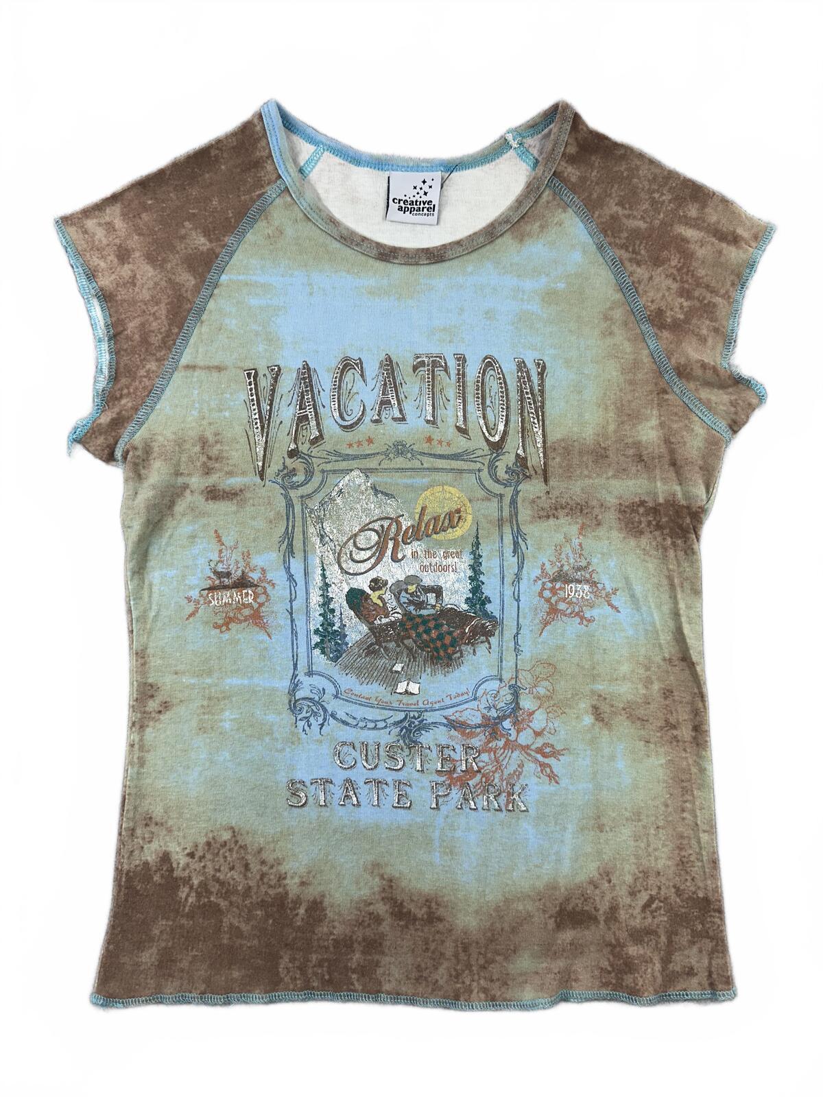 Creative Apparel Vintage Style Vacation Graphic Tee Cotton Blue Brown Tie