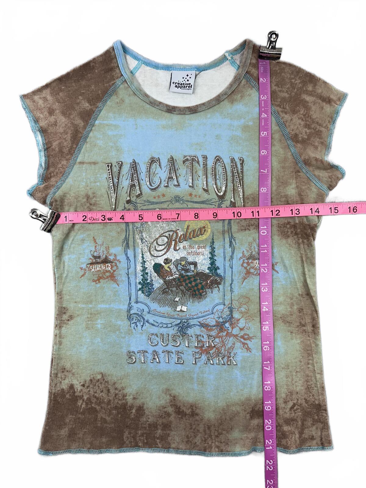 Creative Apparel Vintage Style Vacation Graphic Tee Cotton Blue Brown Tie