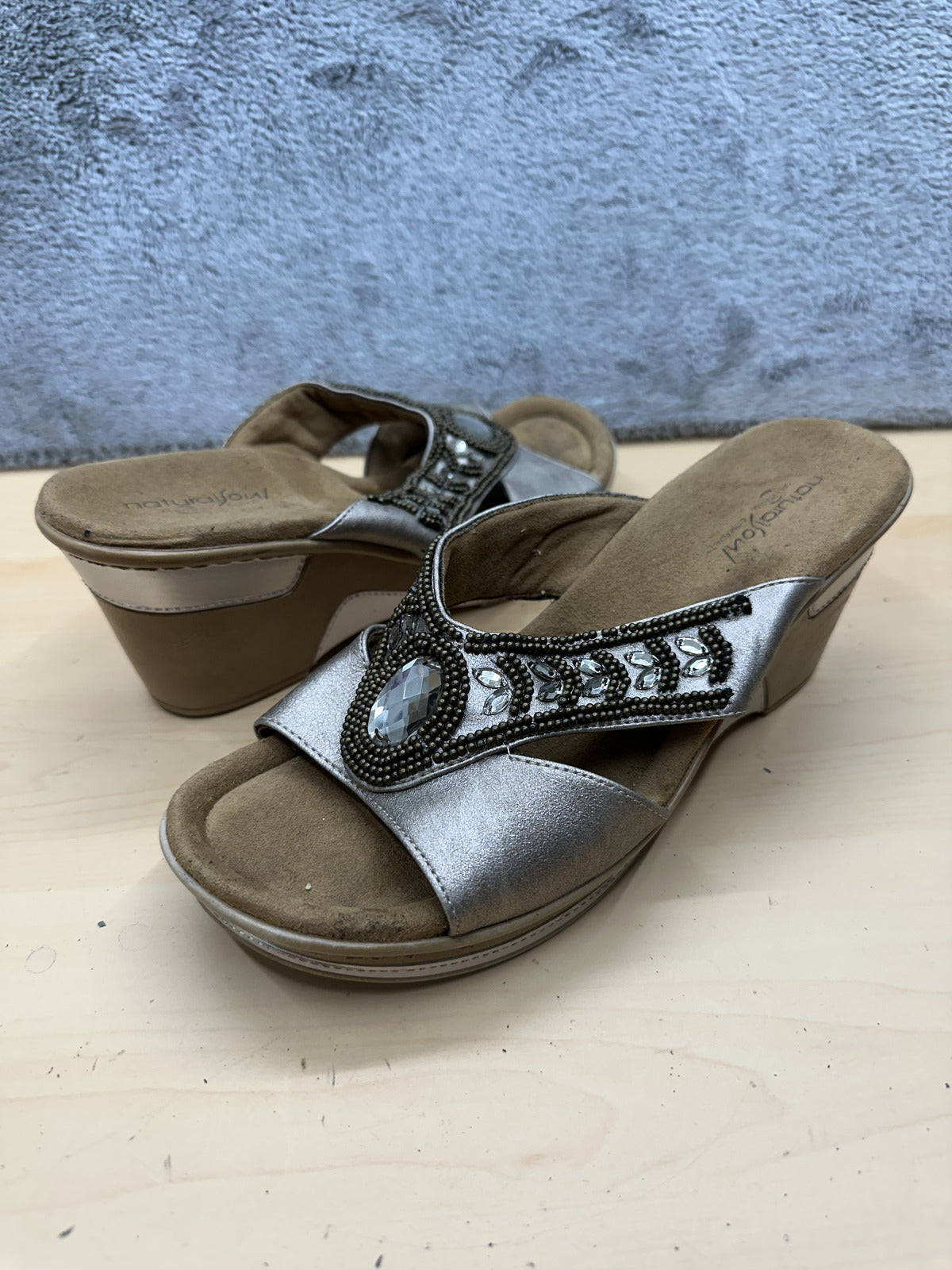 Natural Soul Silver Beaded Wedge Sandals