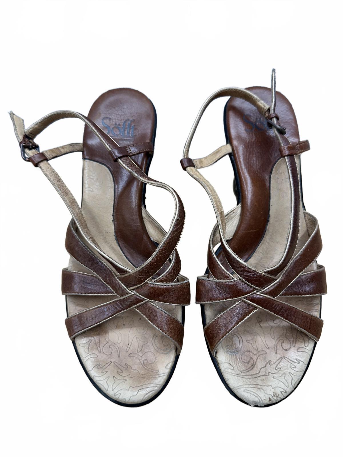 Sofft Brown Leather Slingback Wedge Sandals