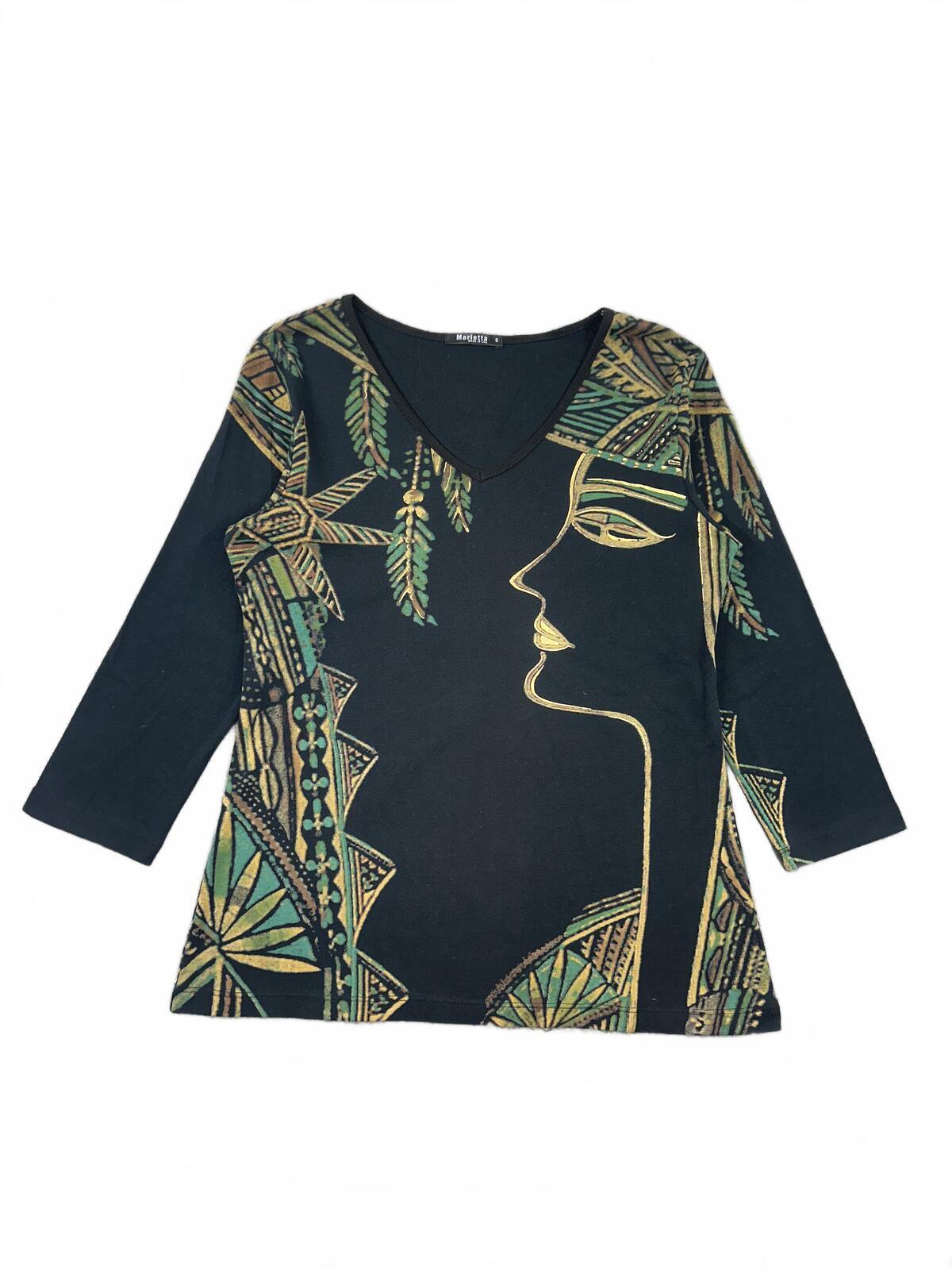 Marietta Artistic Profile Print V Neck Top Black Green Gold Y2K Bohemian