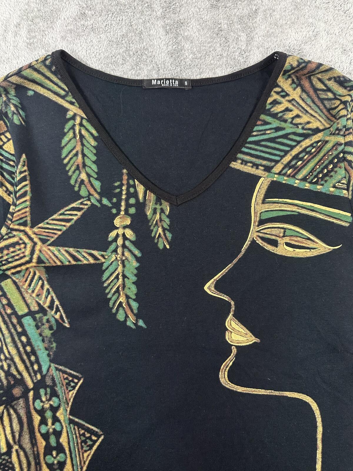 Marietta Artistic Profile Print V Neck Top Black Green Gold Y2K Bohemian