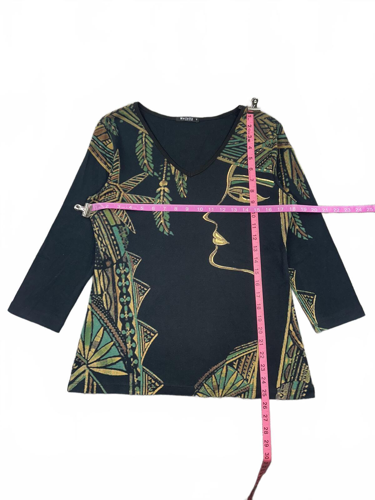 Marietta Artistic Profile Print V Neck Top Black Green Gold Y2K Bohemian
