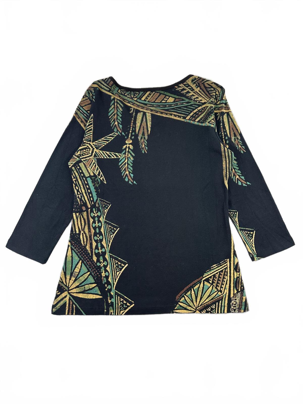 Marietta Artistic Profile Print V Neck Top Black Green Gold Y2K Bohemian