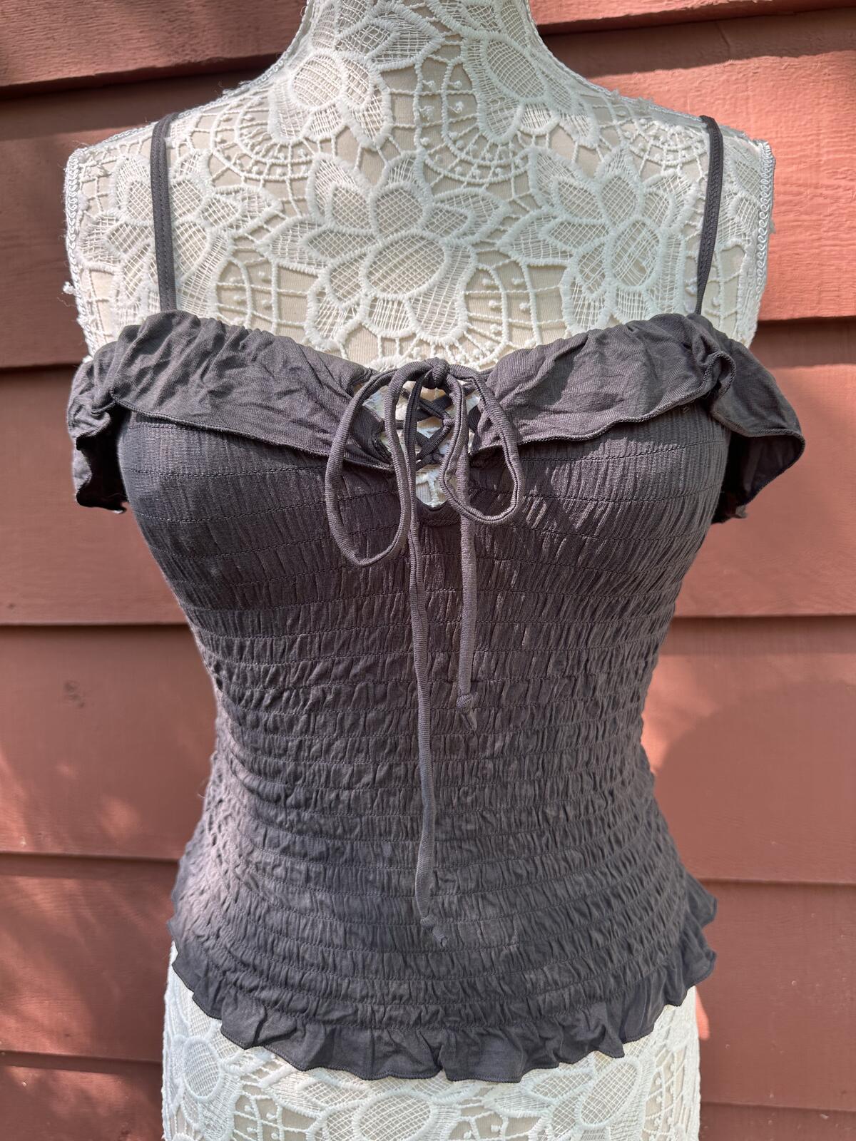 American Eagle Black Smocked Ruffle Cami Top
