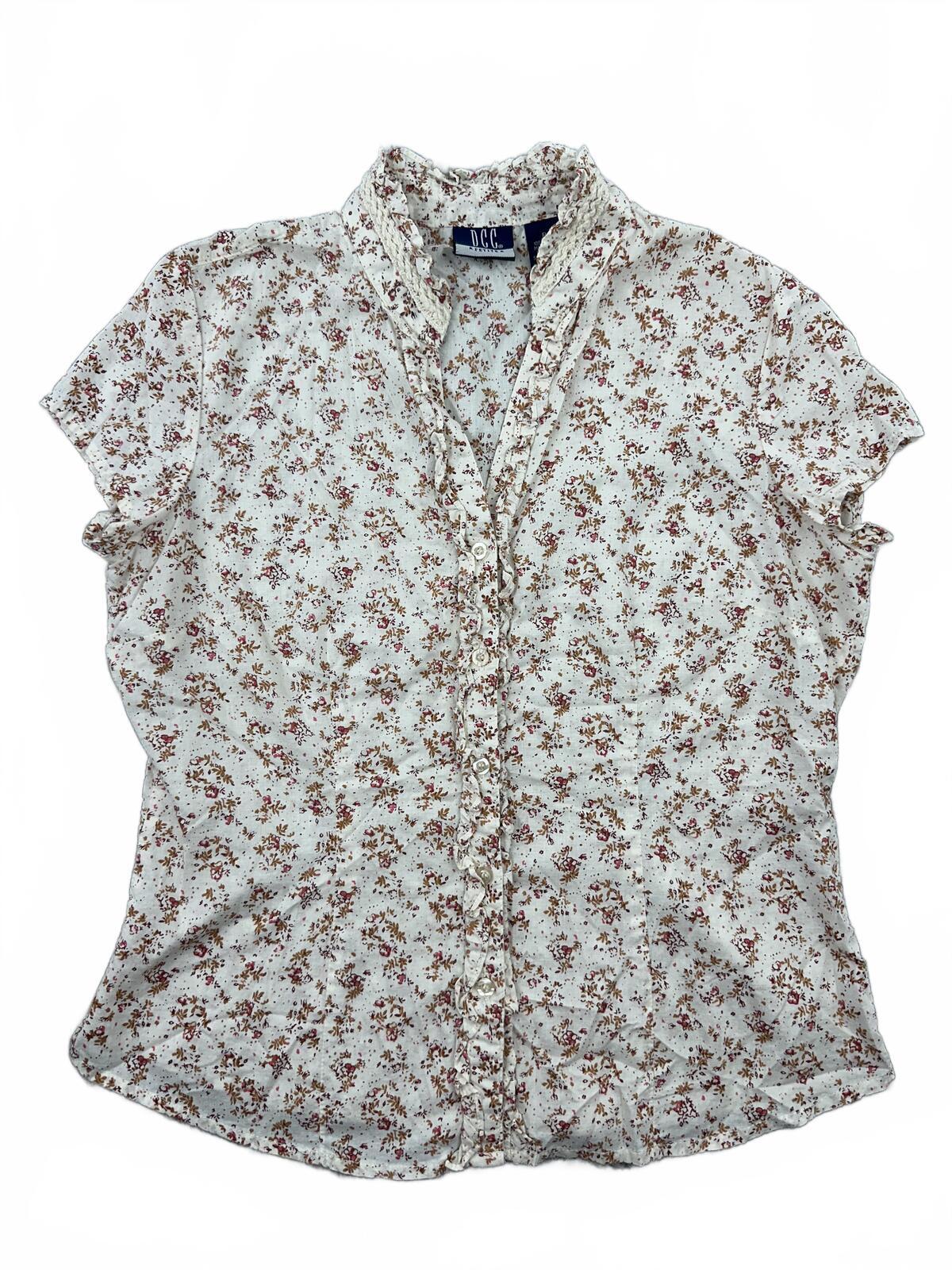 DCC Petite Floral Ruffle Collar Blouse Cream Brown Cotton Feminine