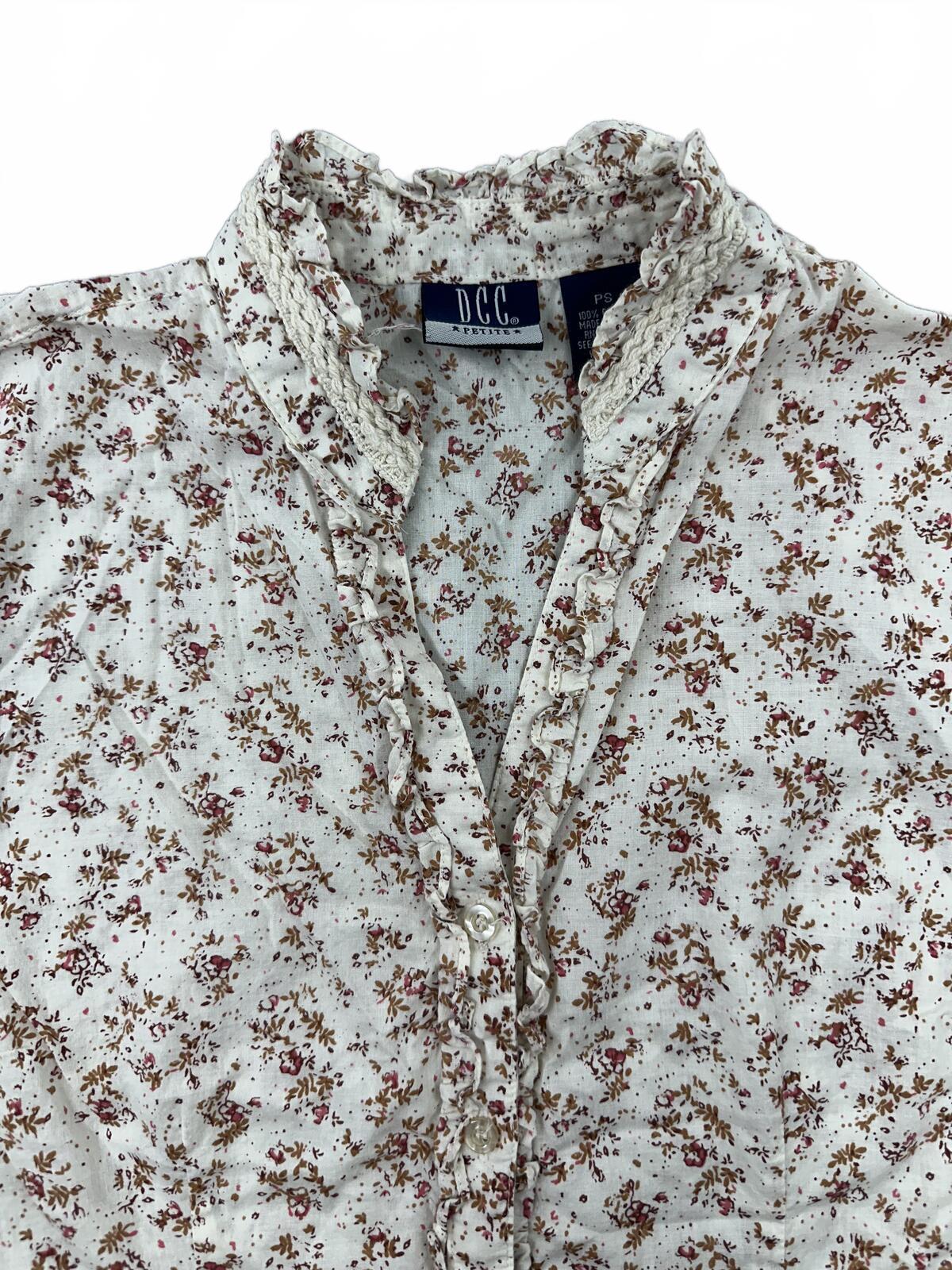 DCC Petite Floral Ruffle Collar Blouse Cream Brown Cotton Feminine