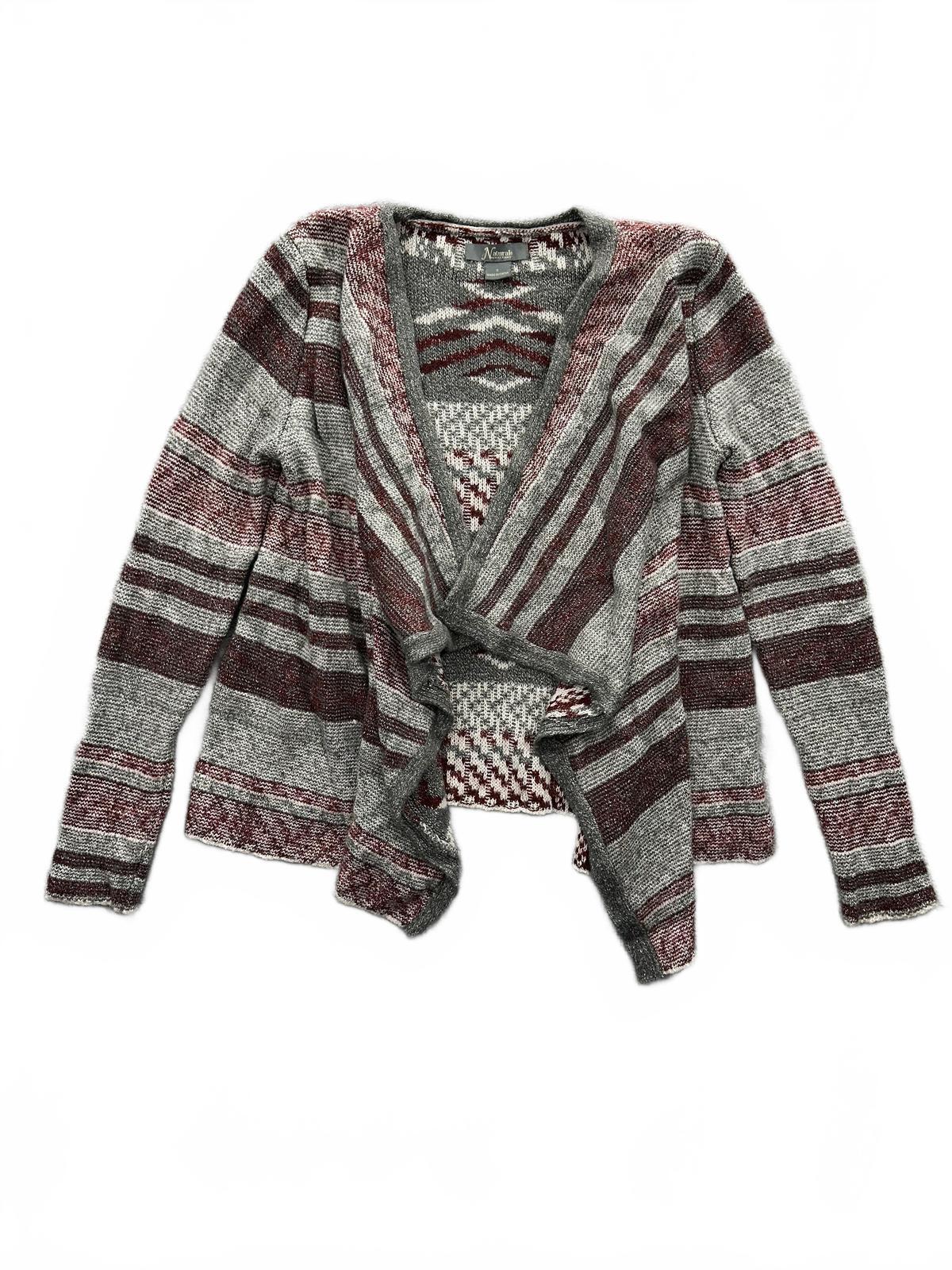 Natural Reflections Cozy Striped Cardigan Sweater in Gray and Burgundy
