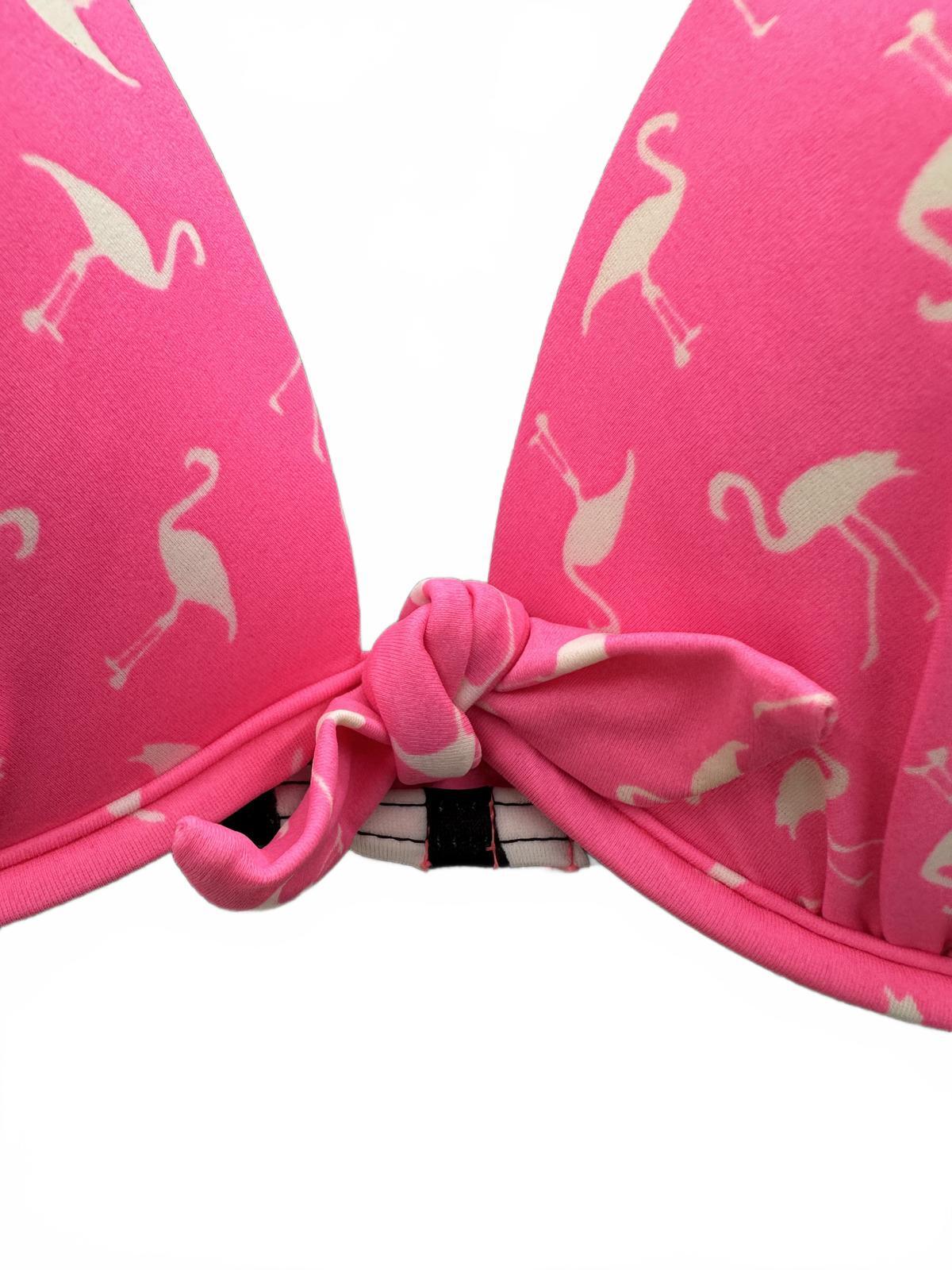 SO Pink Flamingo Print Bikini Top with Black and White Striped Halter Neck