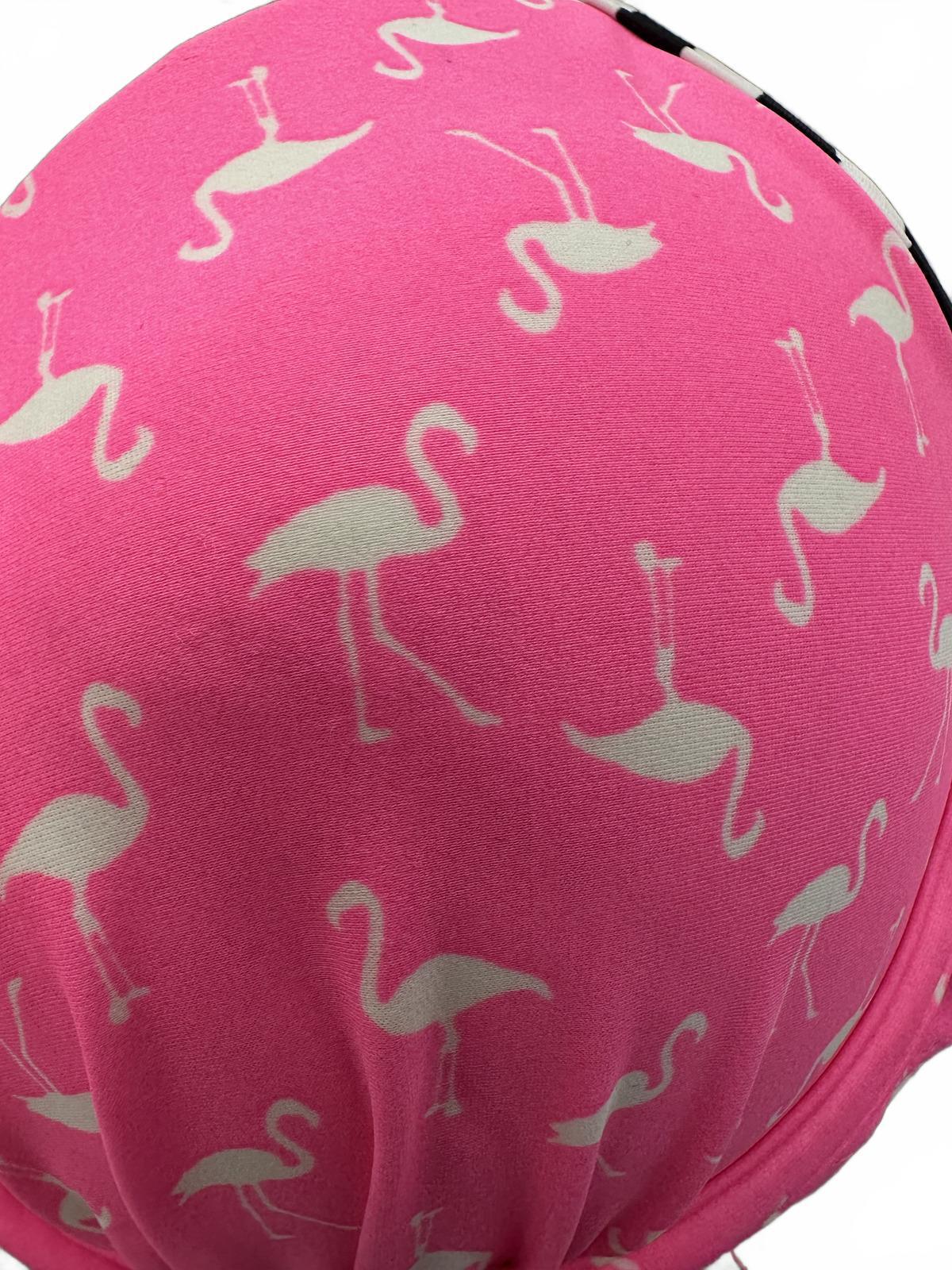 SO Pink Flamingo Print Bikini Top with Black and White Striped Halter Neck