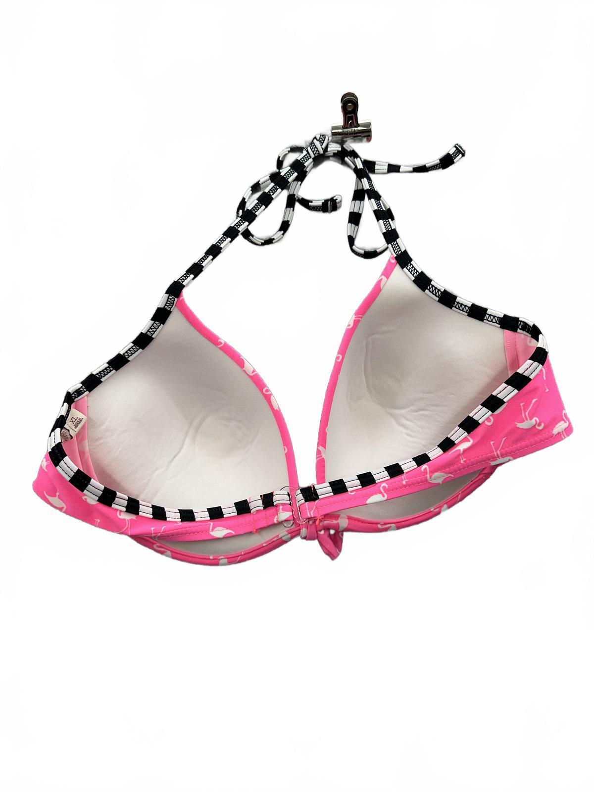 SO Pink Flamingo Print Bikini Top with Black and White Striped Halter Neck