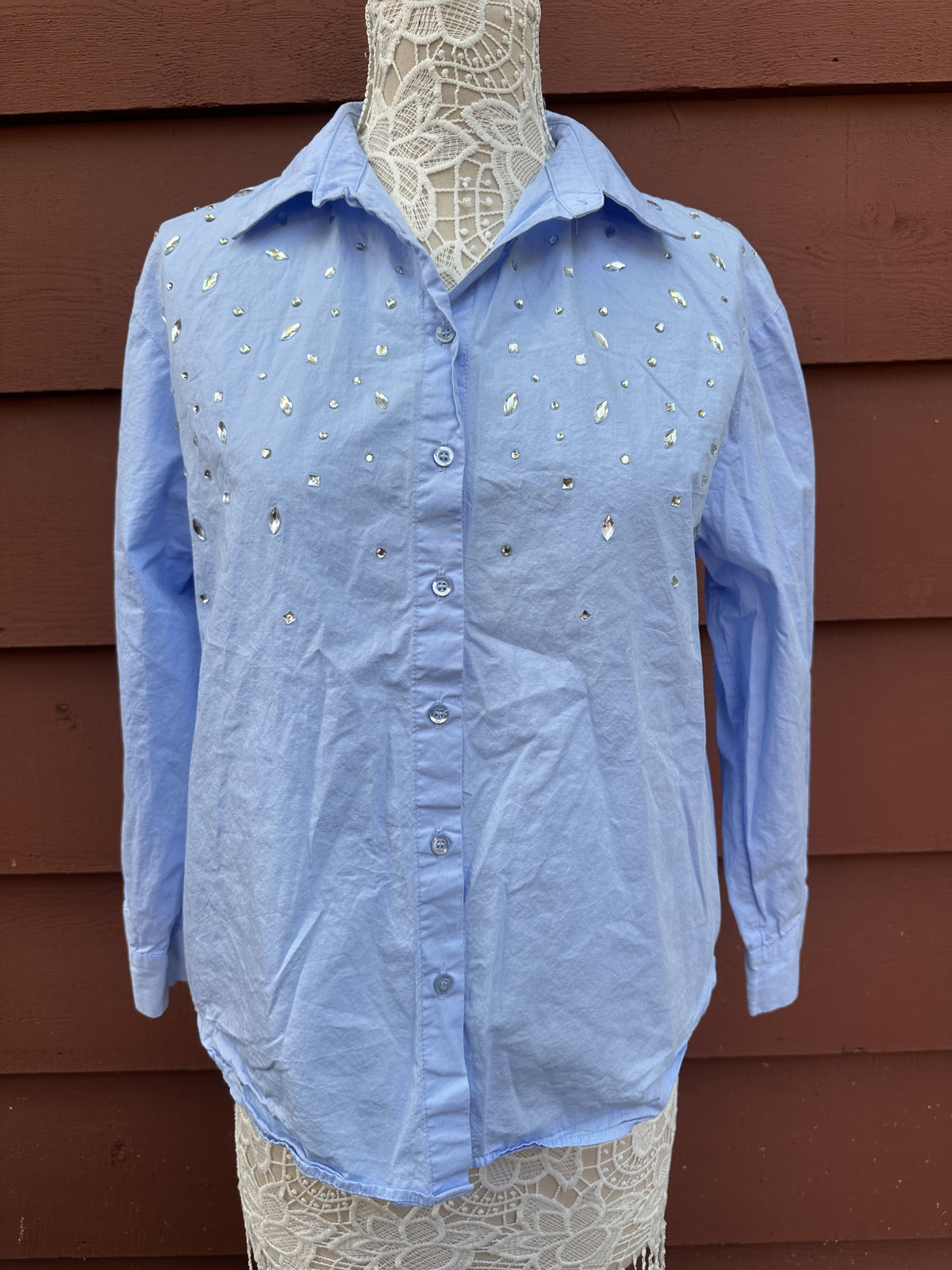 ZARA Light Blue Embellished Button Up Shirt with Silver Sparkle Details