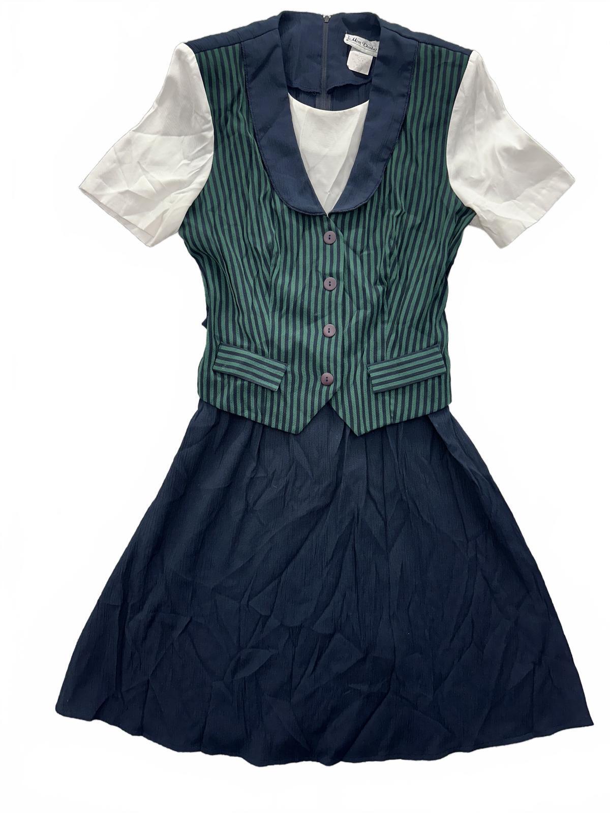 Miss Dorby Vintage Green Striped Vest Dress with Navy Skirt and White Sleeves
