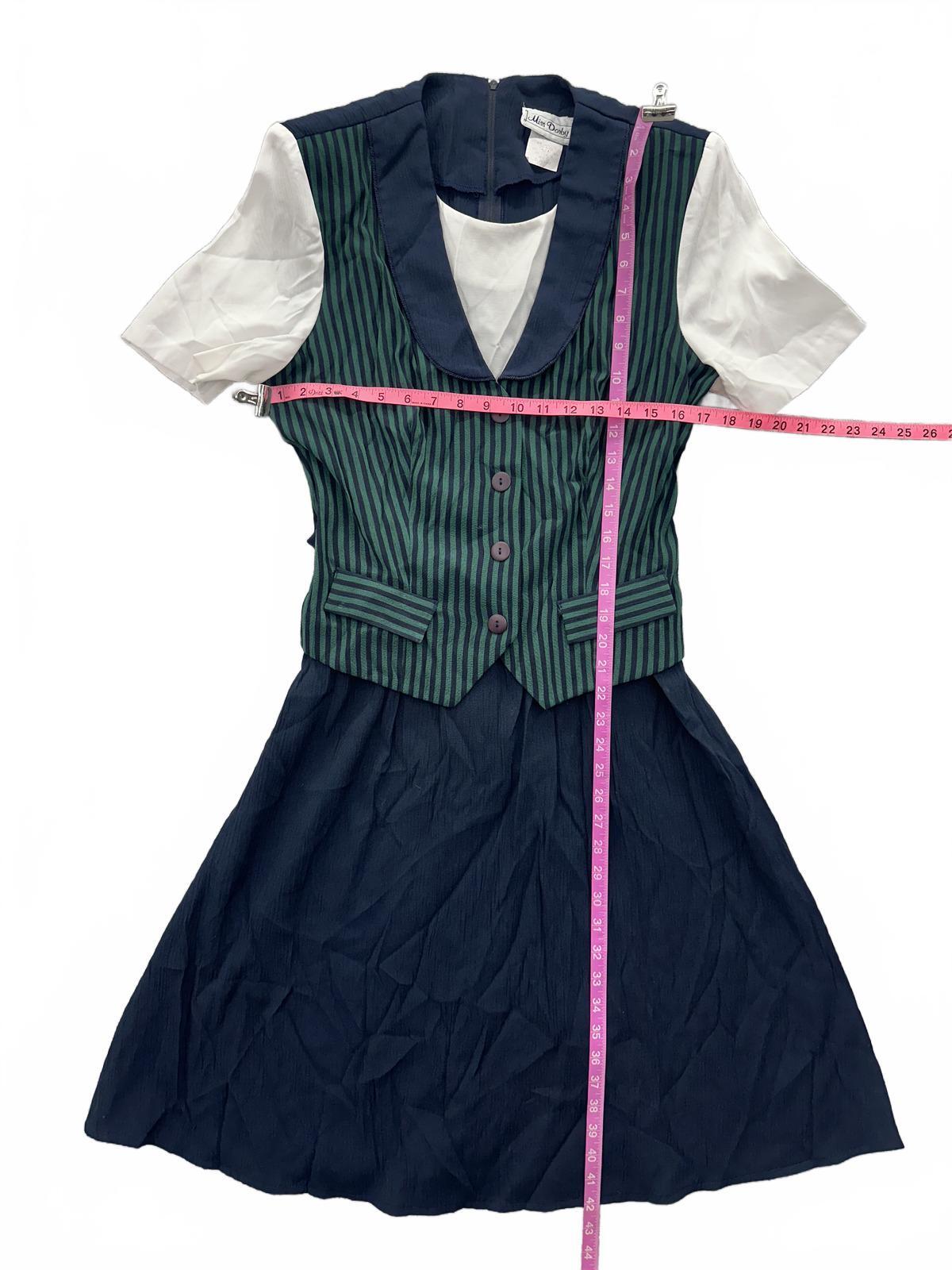 Miss Dorby Vintage Green Striped Vest Dress with Navy Skirt and White Sleeves