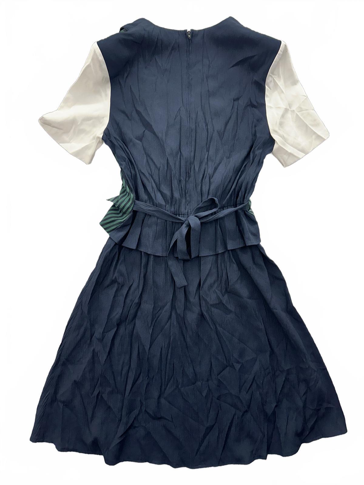Miss Dorby Vintage Green Striped Vest Dress with Navy Skirt and White Sleeves