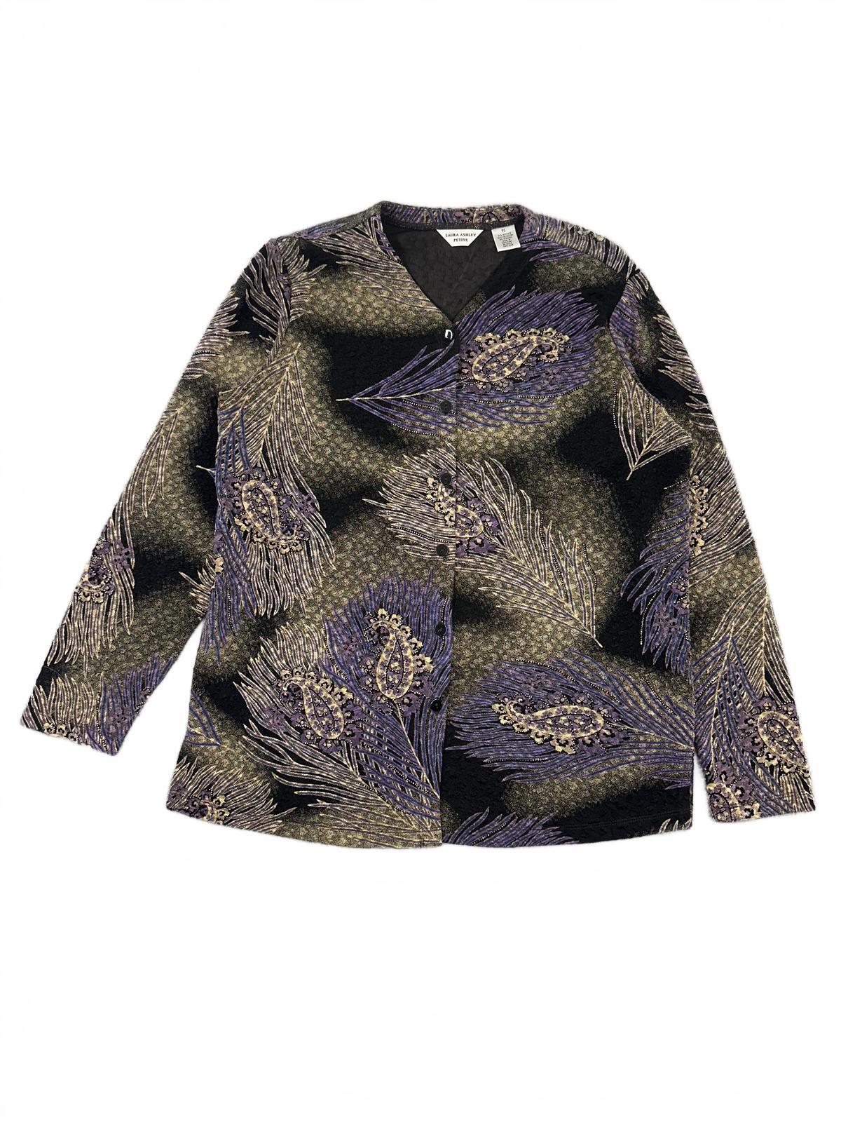 Laura Ashley Petite Vintage Inspired Feather Print Cardigan in Black and Purple