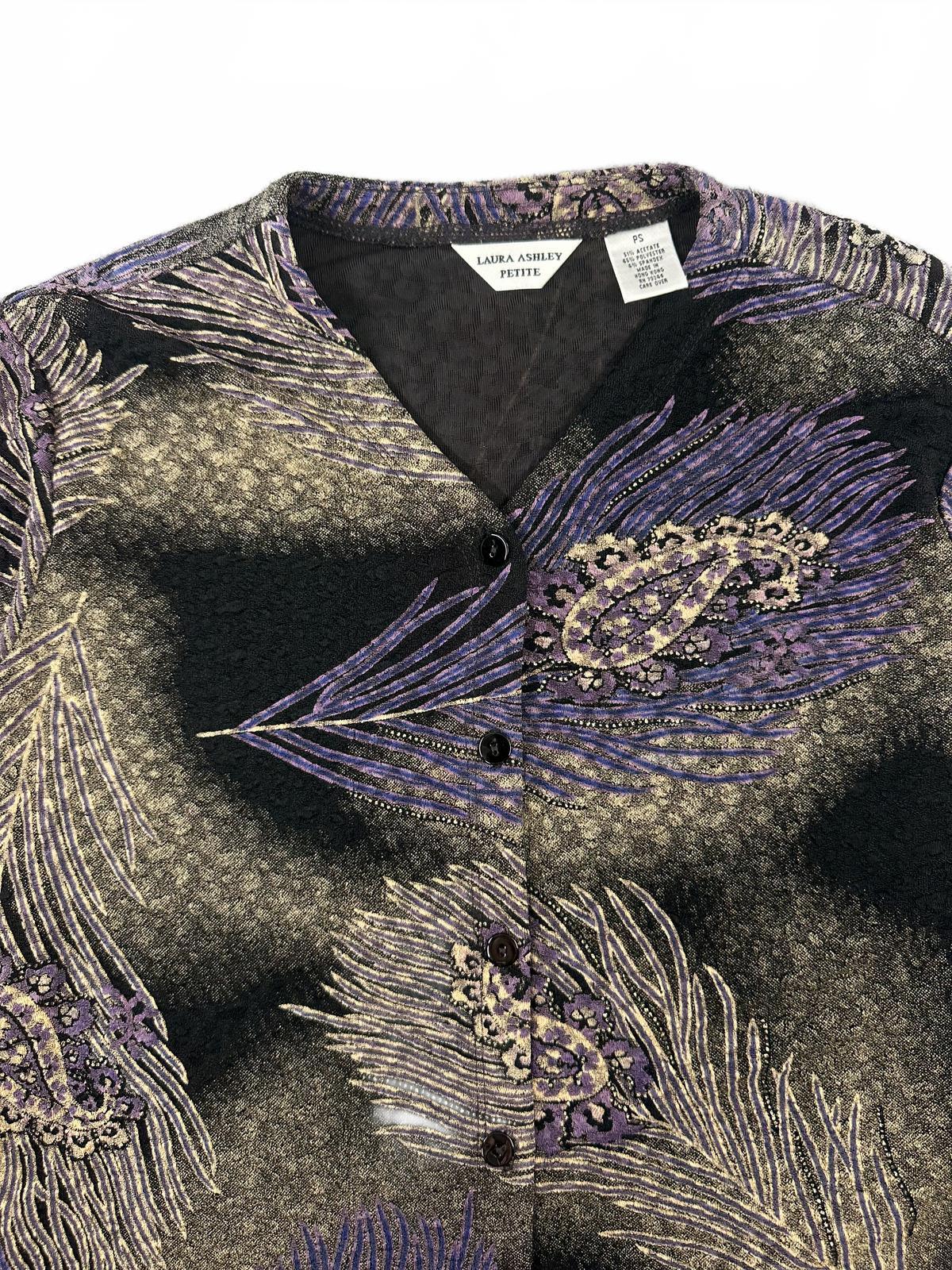 Laura Ashley Petite Vintage Inspired Feather Print Cardigan in Black and Purple