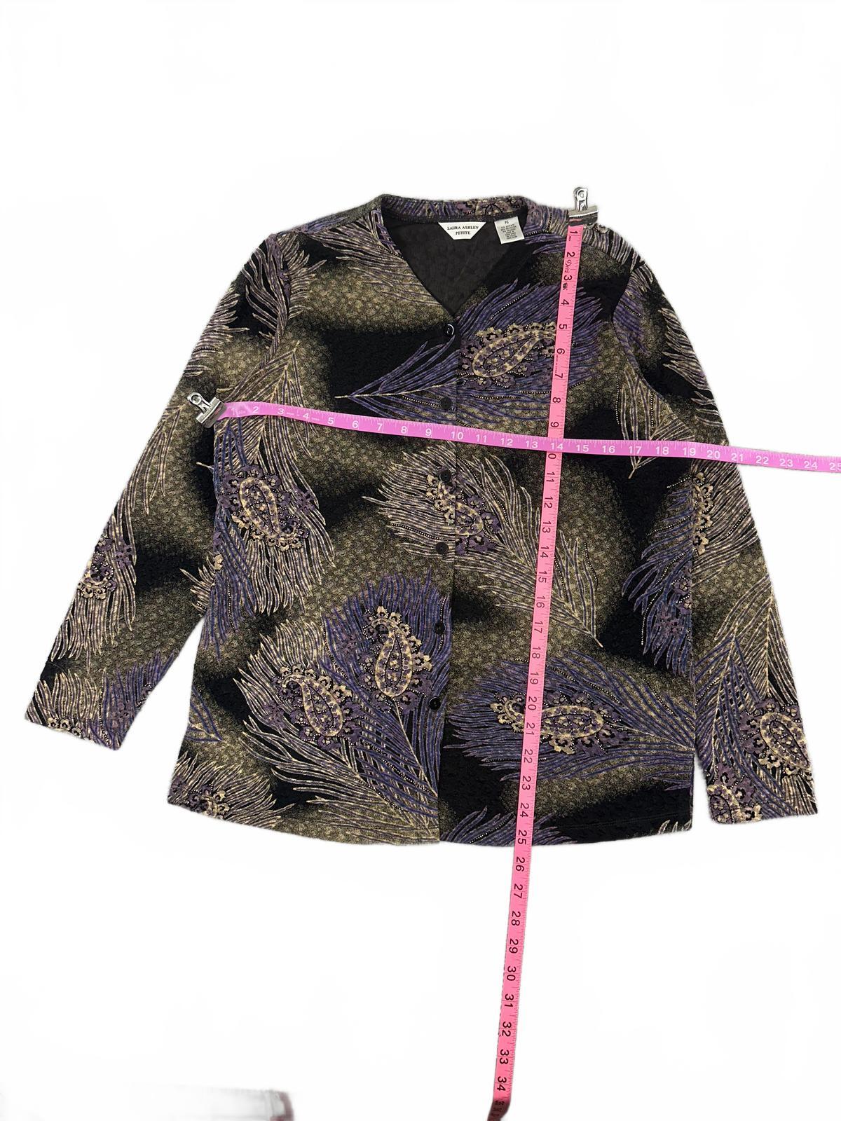 Laura Ashley Petite Vintage Inspired Feather Print Cardigan in Black and Purple