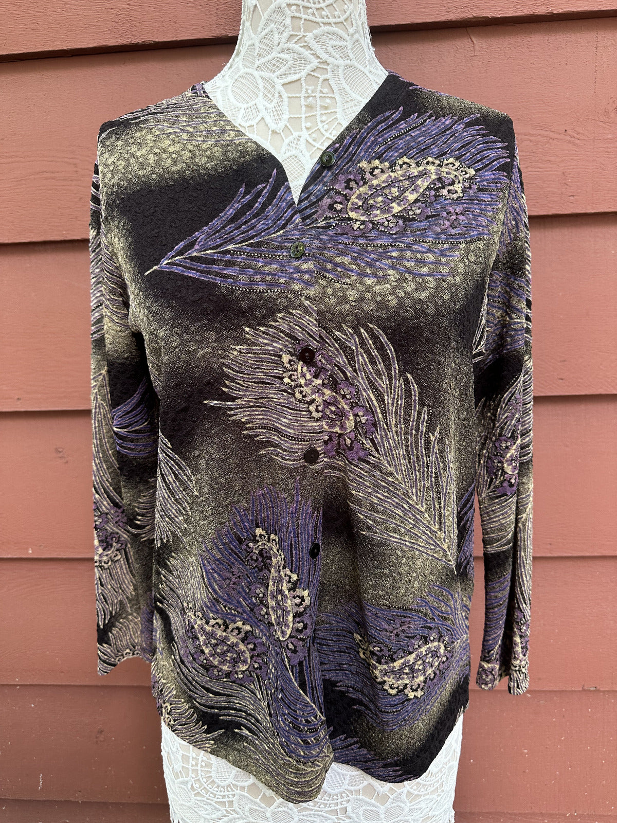 Laura Ashley Petite Vintage Inspired Feather Print Cardigan in Black and Purple