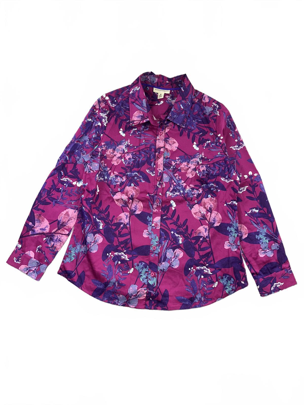 Appleseed's Purple Floral Button Up Shirt Long Sleeve Classic Collar