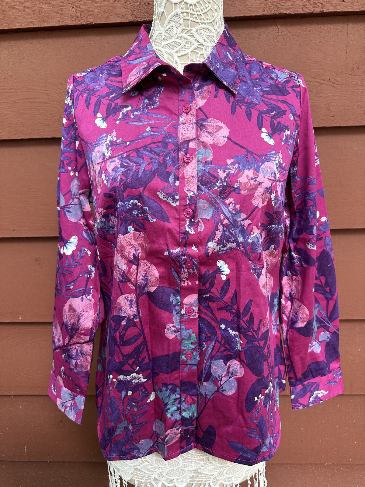 Appleseed's Purple Floral Button Up Shirt Long Sleeve Classic Collar