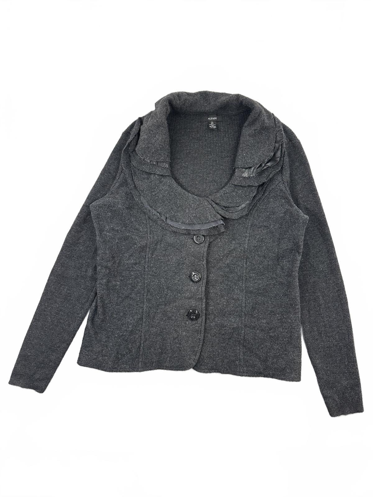 Alfani Gray Merino Wool Cardigan Sweater Cozy Ruffled Collar Layer