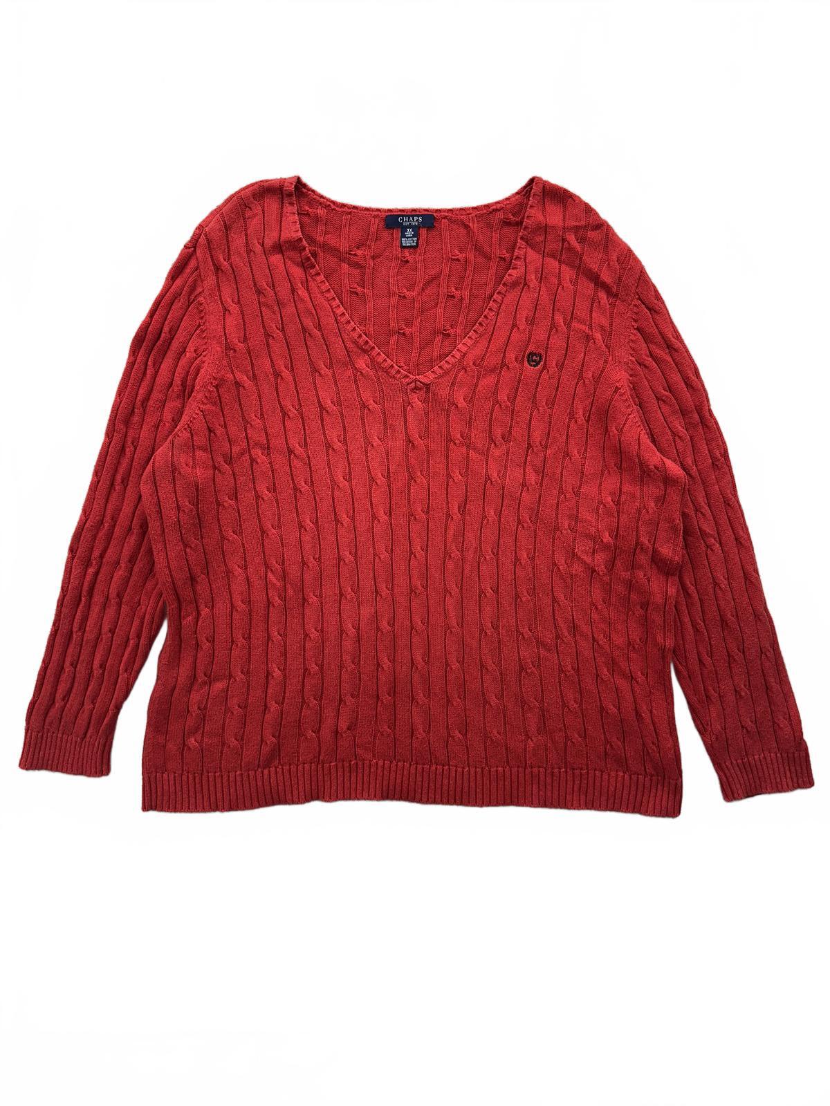Chaps Red Cable Knit V Neck Sweater Cozy Classic
