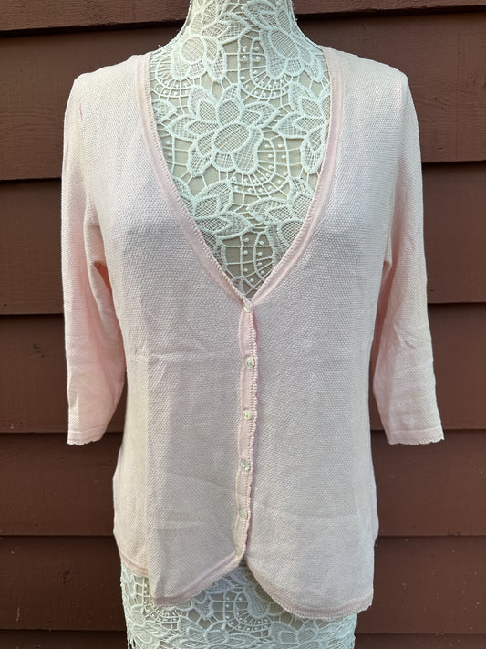 Tommy Bahama Light Pink Cotton Cardigan Soft Knit Sweatercoat 3/4 Sleeve