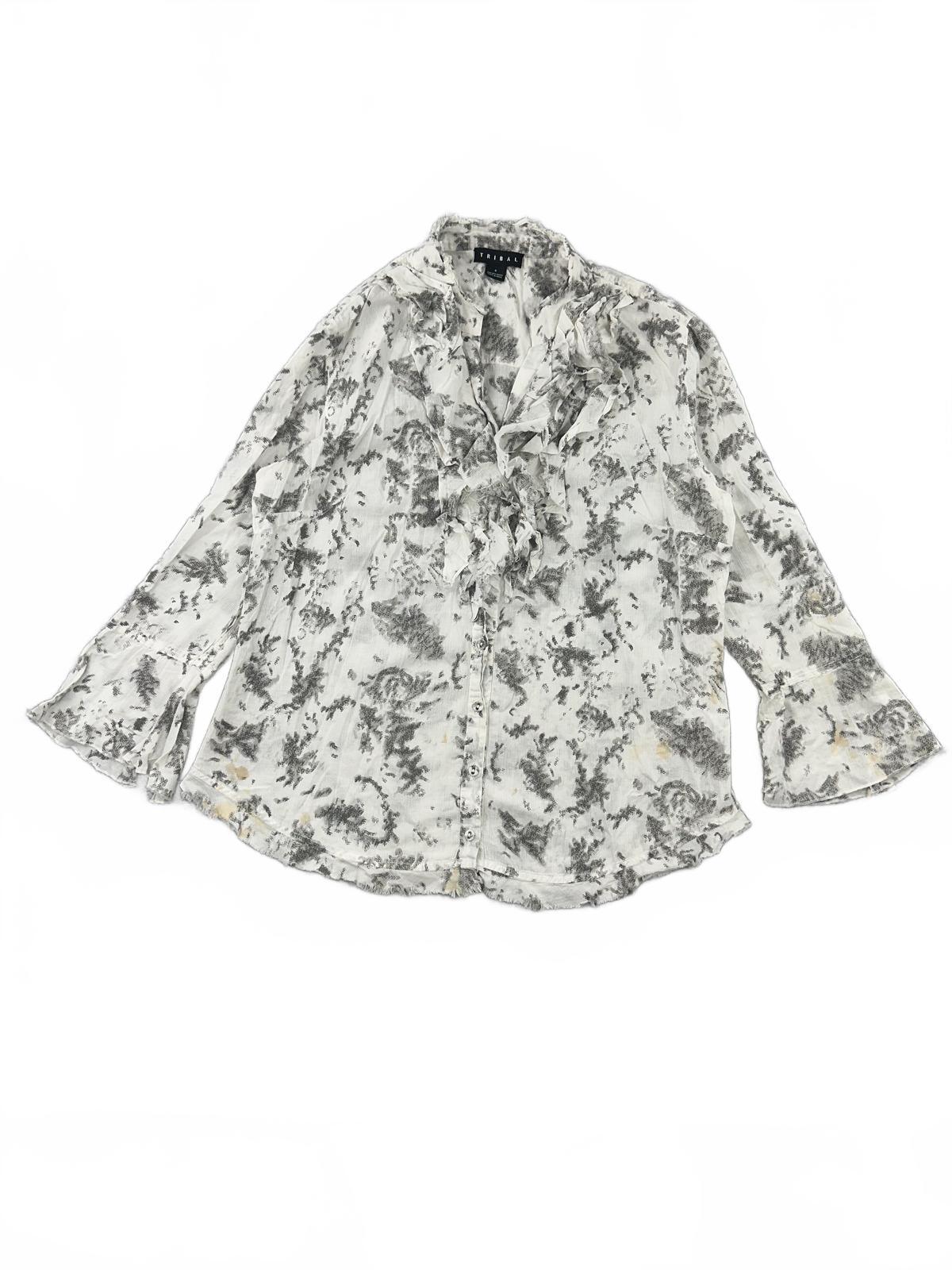 Tribal White Gray Floral Ruffle Button Up Blouse Feminine Bohemian