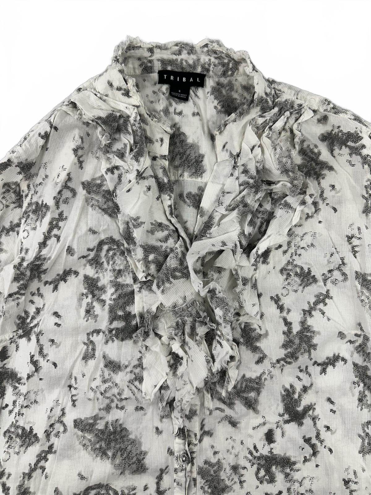 Tribal White Gray Floral Ruffle Button Up Blouse Feminine Bohemian