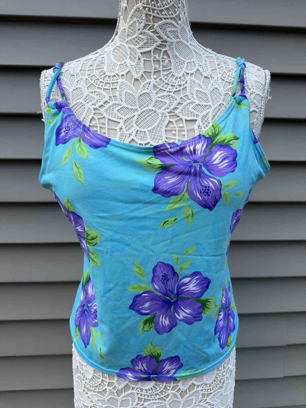 White Stag Vintage Floral Tankini Top Blue Purple Tropical Swimwear