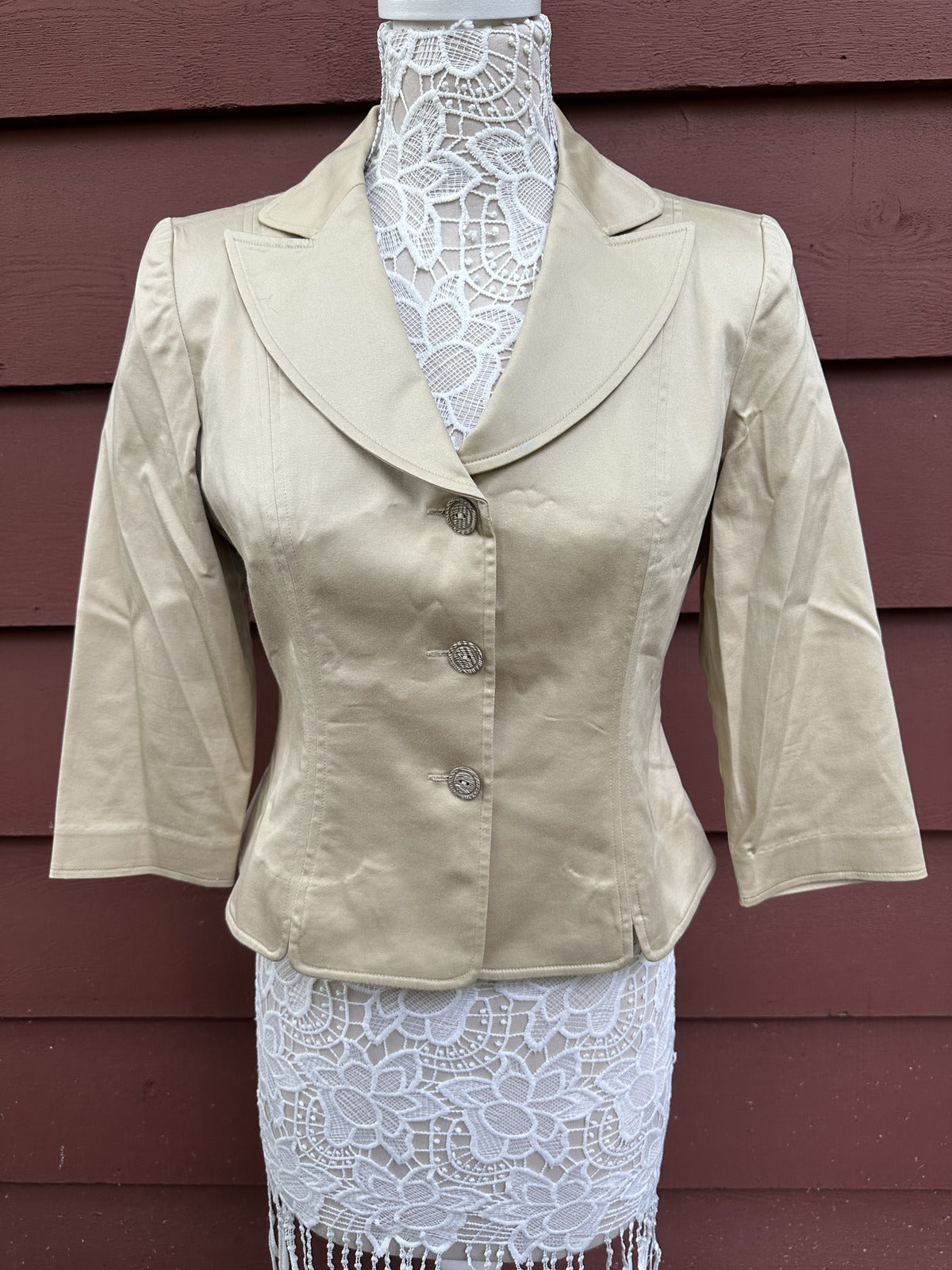 Sandra Darren Beige Tailored Blazer Y2K Office Coquette Girl 3/4 Sleeve