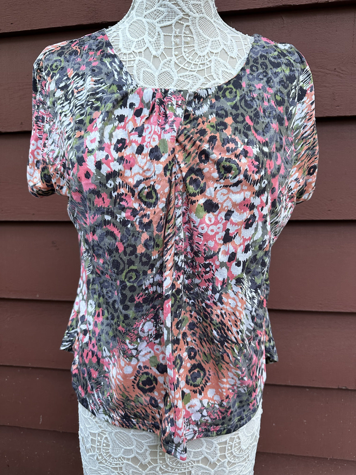 Christopher & Banks Floral Animal Print Blouse Brown Pink Casual Boho