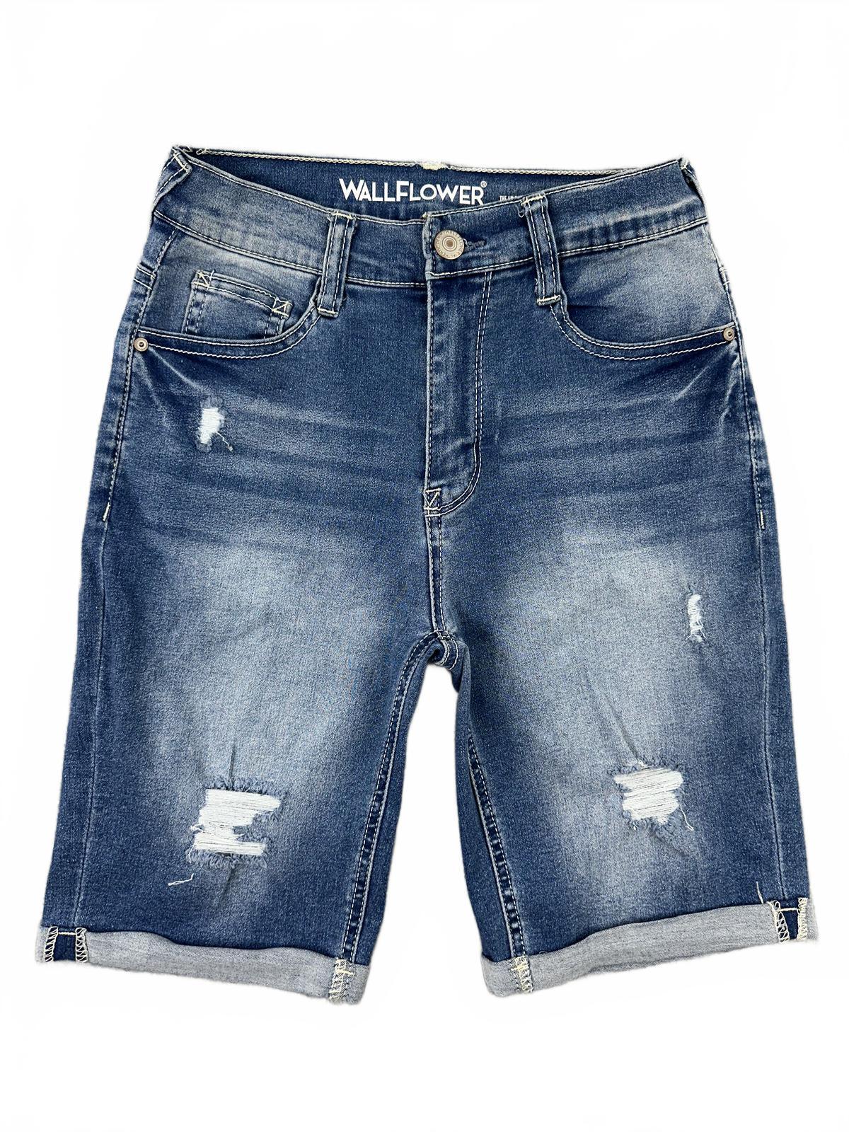Wallflower Women's High Rise Distressed Denim Shorts Medium Wash