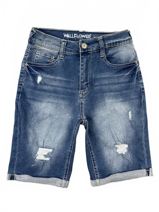 Wallflower Women's High Rise Distressed Denim Shorts Medium Wash
